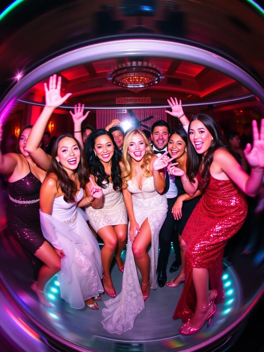 Wedding guests celebrating on 360 booth
