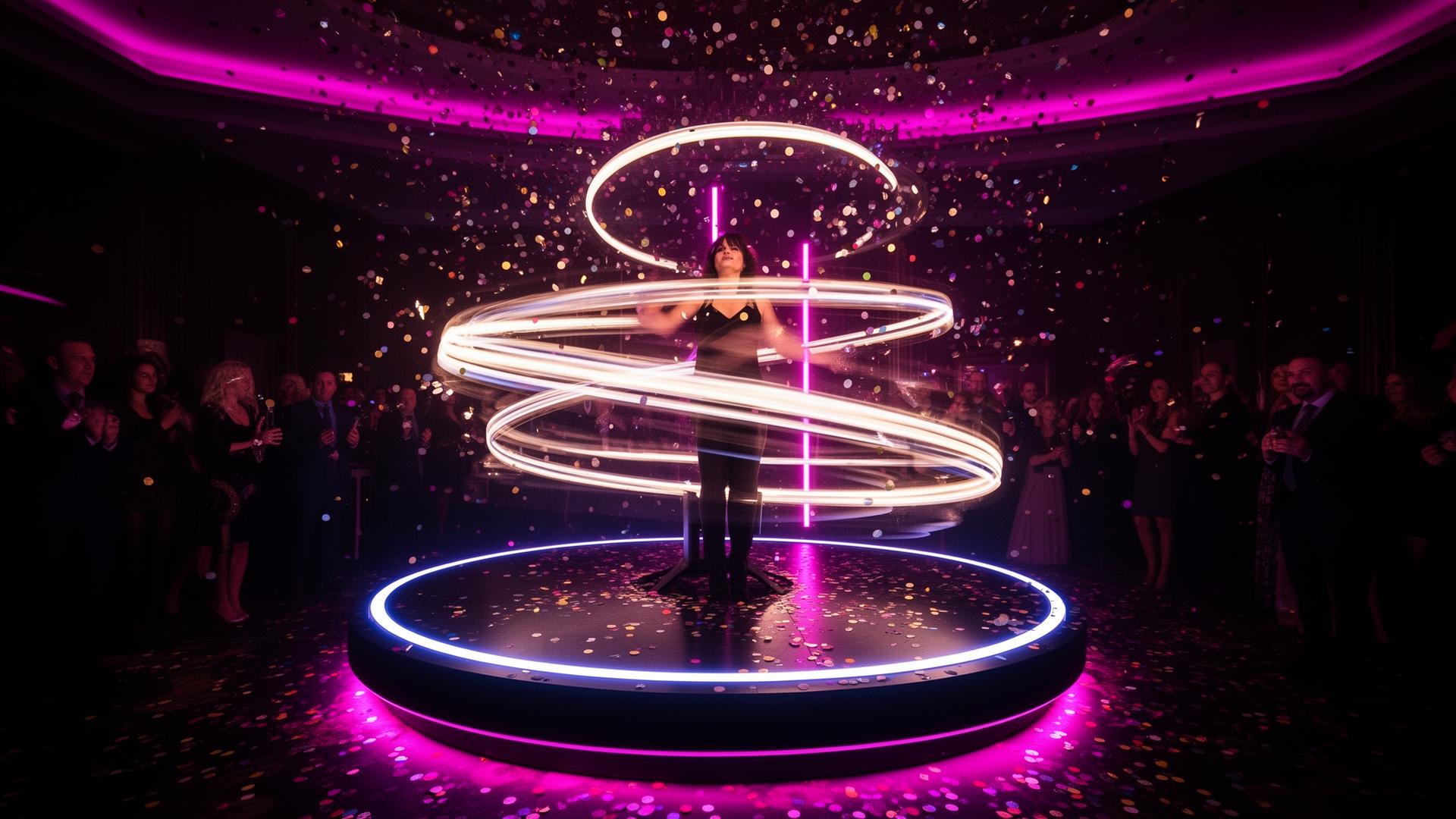 Guest spinning on a neon 360 photo booth platform